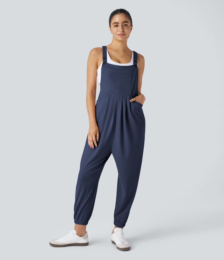Women’s Adjustable Strap Button Multiple Pockets Plicated Waffle Casual Jogger Overalls - Halar... | HALARA