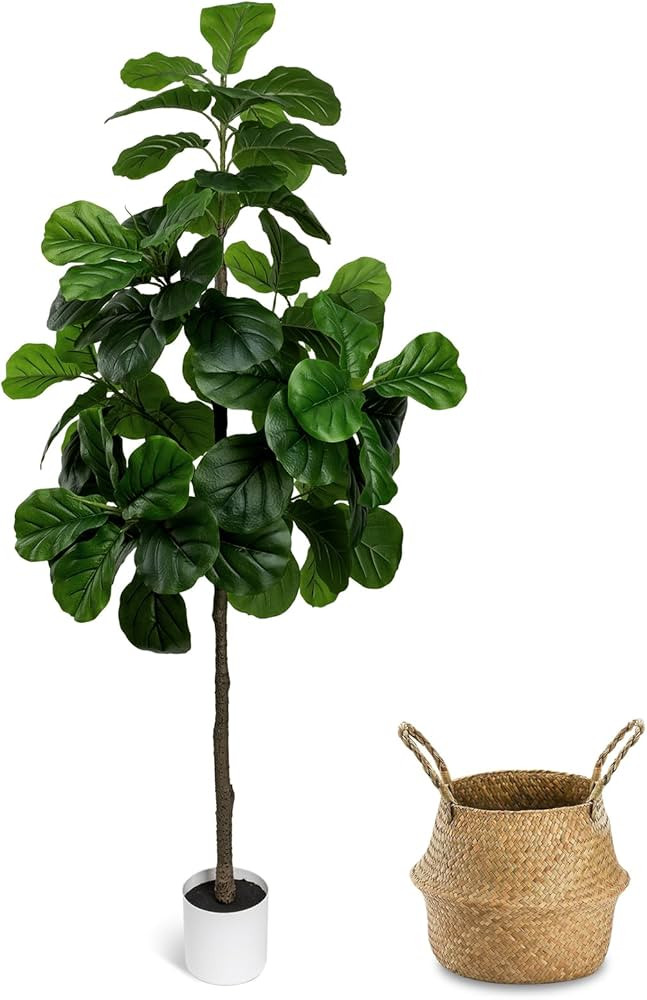 Artificial Fiddle Leaf Fig Tree 6FT - Large Fake Tree with White Planter&Basket, Tall Faux Ficus ... | Amazon (US)