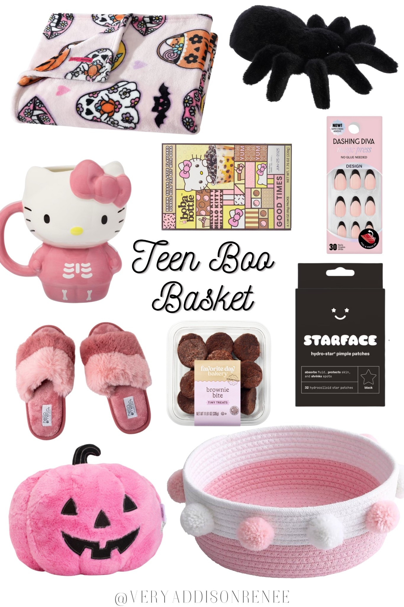 Teen Boo Basket Ideas 👻💗 A girly twist on the classic Halloween gift basket — perfect for teens, tweens, and besties who love pink, cozy vibes, and all things spooky-cute. Most of these finds are from Target, making it affordable and super easy to recreate.

What’s inside:
🩷 Pink Hello Kitty skeleton mug
🧁 Starface pimple patches (teen fave!)
💅 Dashing Diva press-on nails
🧸 Pink fuzzy slippers + ghost/pumpkin plushies
🍫 Favorite Day brownie bites
🧣 Cozy fall blanket
🎃 Pink pumpkin plush + pom pom basket

This aesthetic boo basket for teens makes the perfect gift idea for Halloween 2025 — filled with cozy, TikTok-inspired finds that mix fall vibes with girly aesthetic style. Great for sisters, daughters, best friends, or anyone who loves a cute and cozy surprise 🕸️✨
#LTKGiftGuide

#LTKSeasonal #LTKU #LTKFindsUnder50