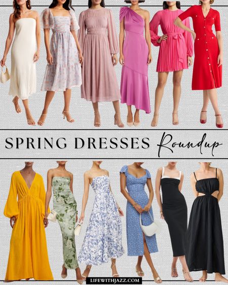 Spring dresses roundup - miscellaneous colors 

• top left white dress - I own this one, it’s available in 6 colors, comes with removable straps 

Resortwear / dresses / spring / wedding guest / casual / workwear / office dress / formal / elegant / pattern dress / pink / red / yellow / light blue / black 

#LTKwedding #LTKSeasonal #LTKtravel