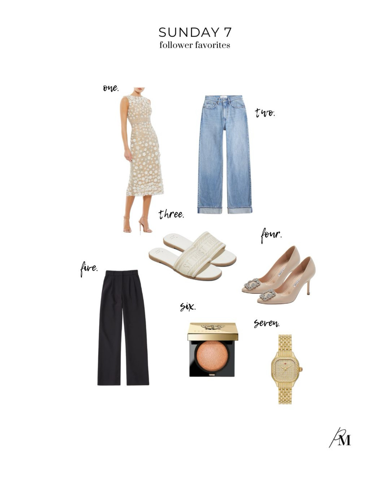 Sunday 7 follower favorites. I love this floral midi dress and Abercrombie jeans. Cute Target slides and gorgeous embellished pumps. I love these Sloane Abercrombie wide leg pants and Bobbi Brown eyeshadow. This gold Michele watch is gorgeous and would make the perfect gift. 

#LTKSeasonal #LTKbeauty #LTKstyletip