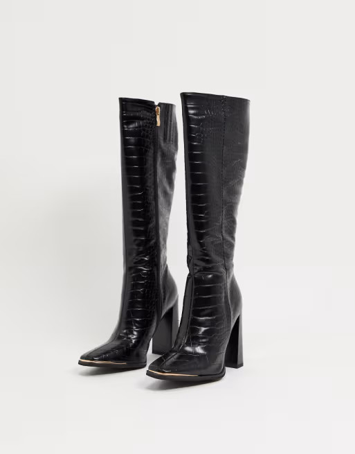 Simmi London Melisa knee boots in with metal plating in black croc | ASOS (Global)