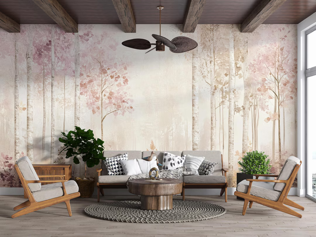 Rosewood Mist Forest Mural | Soft Pink Birch Tree Wallpaper | Blush Botanical Peel and Stick Mura... | Etsy (US)
