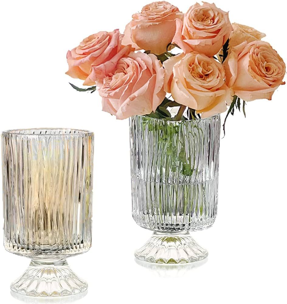 Large Clear Pedestal Vases for Centerpieces, Hewory 7.1in Crystal Glass Ribbed Footed Flower Vase... | Amazon (US)