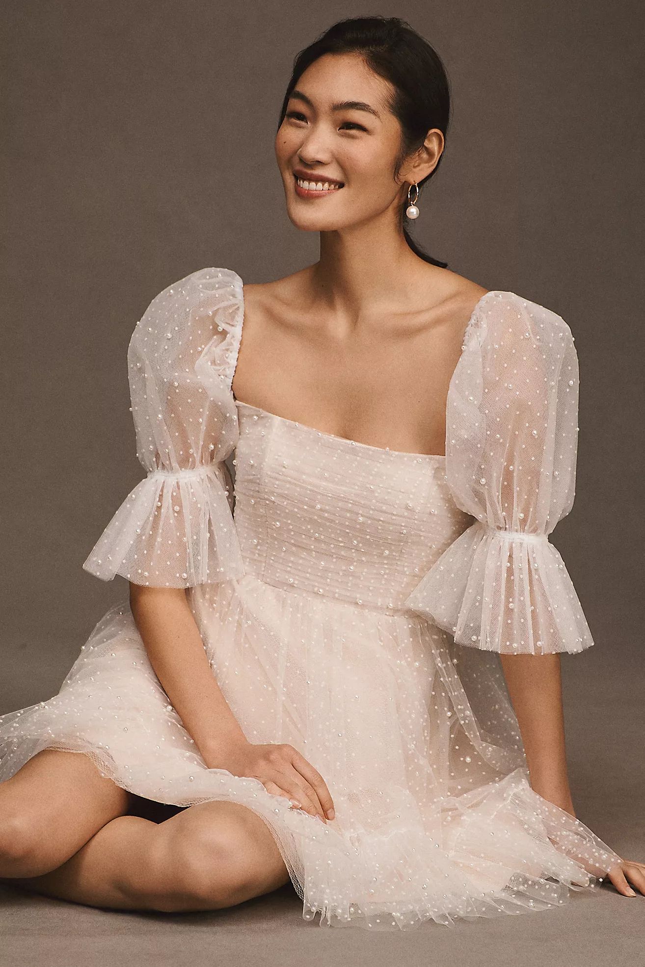 By Watters Macaron Square-Neck Tulle Embellished Mini Dress | Anthropologie (US)