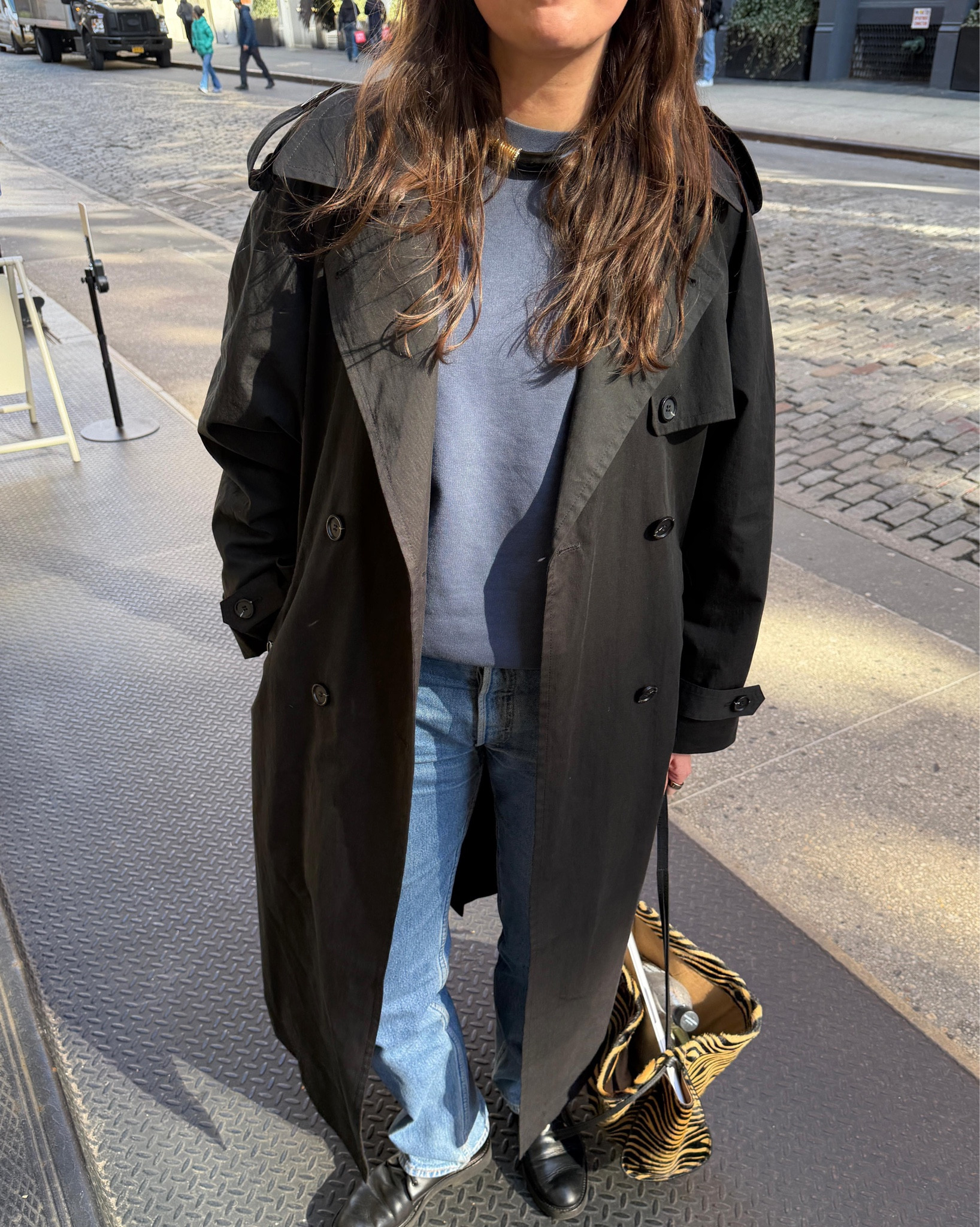 Spring OOTD in New York. All blue outfit with a black trench coat and zebra print tote bag 

#LTKstyletip #LTKbag #LTKspring