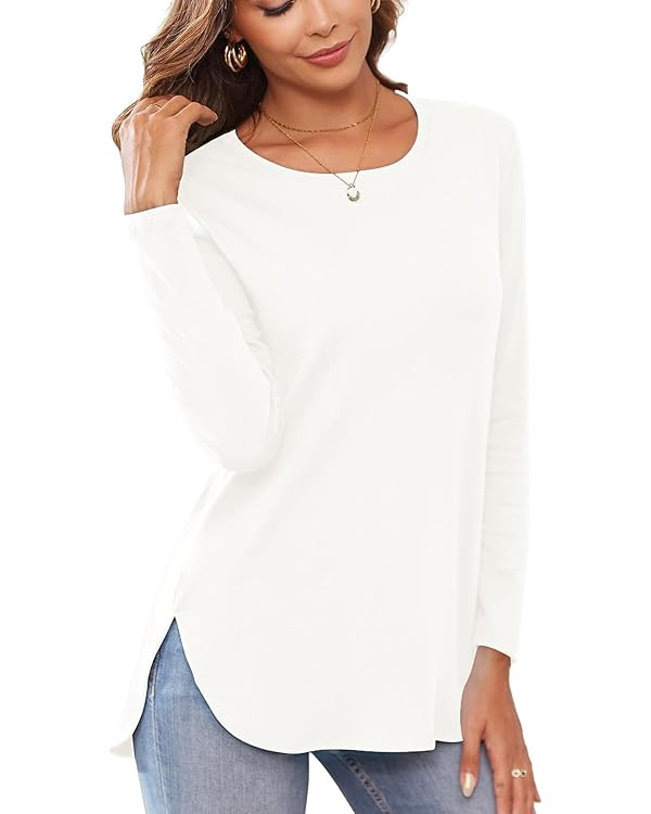 Herou Women's Casual Long Sleeve T Shirt Crewneck with Side Split Fall Pullover Loose Tunic Sweat... | Amazon (US)