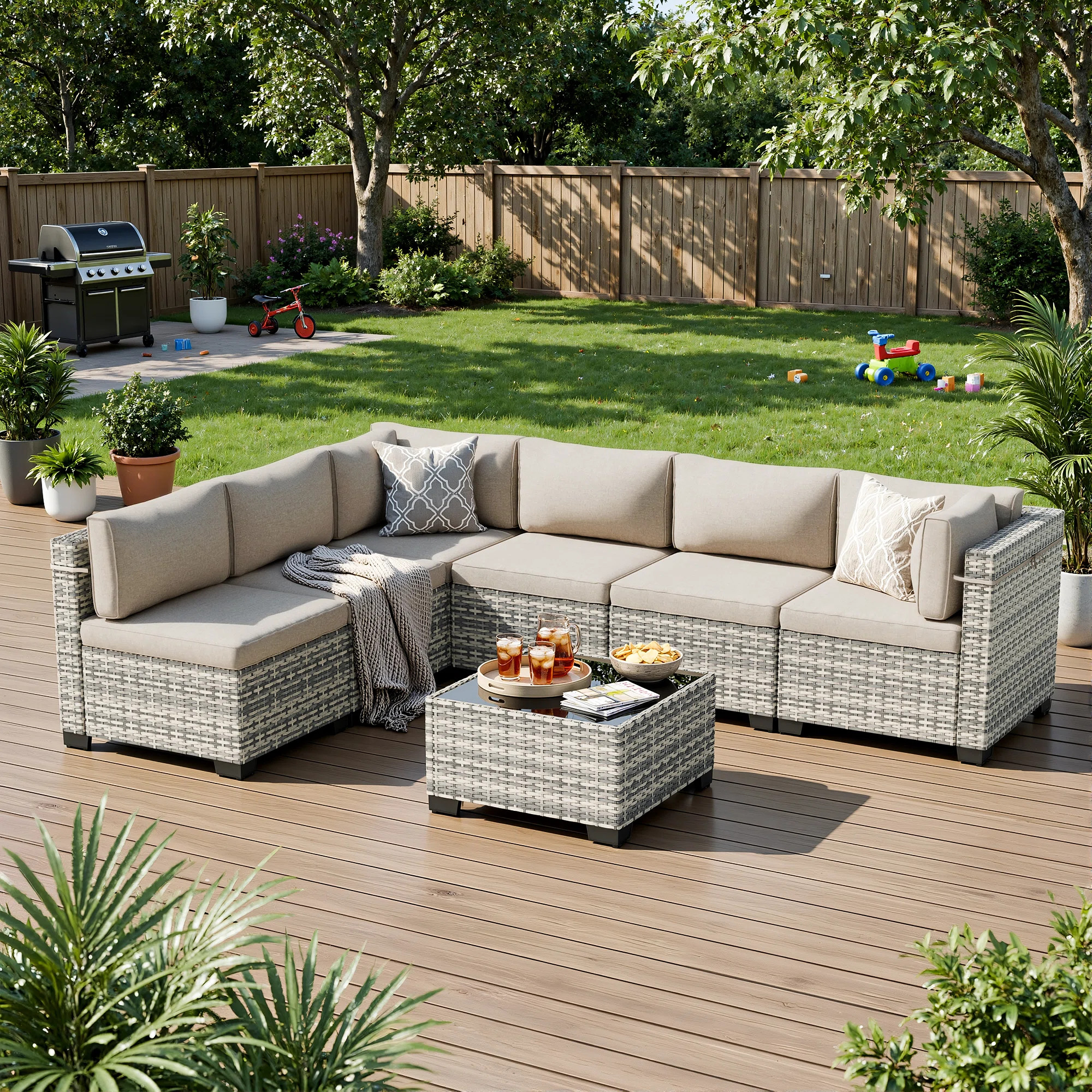 Ebern Designs 7-Piece Outdoor Sectional Sofa Set With HDPE Wicker, Cushions & Coffee Table, Modul... | Wayfair North America