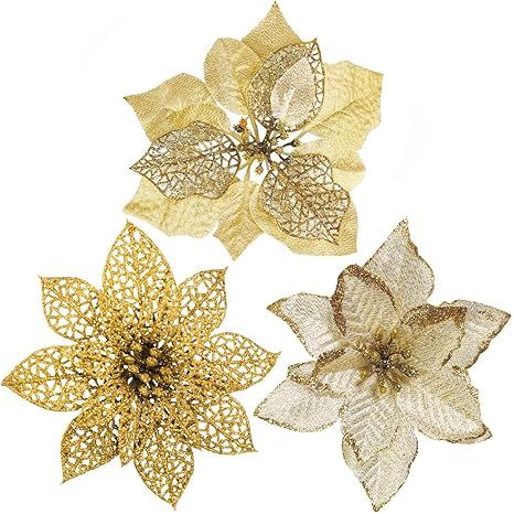 Winlyn 24 Set 3 Styles Christmas Gold Glitter Poinsettia Flowers Picks Christmas Tree Ornaments f... | Amazon (US)