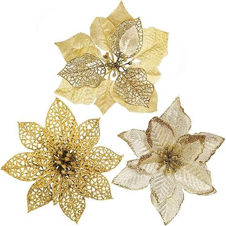 Winlyn 24 Set 3 Styles Christmas Gold Glitter Poinsettia Flowers Picks Christmas Tree Ornaments f... | Amazon (US)