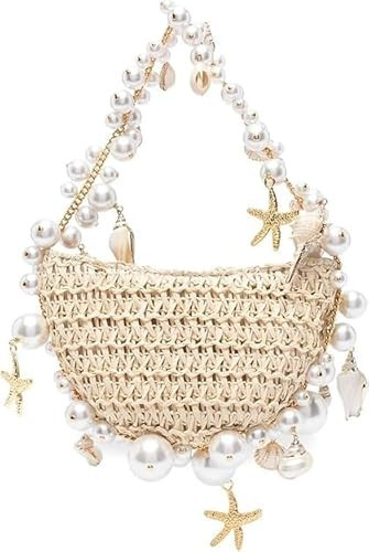 Aiermo Women Pearl Handbag Straw Purse: Woven Summer Beach Bag Vacation Clutch Purse for Wedding Party Crossbody Bag Seaside Style Carrying Bag Shoulder Handbag | Amazon (US)