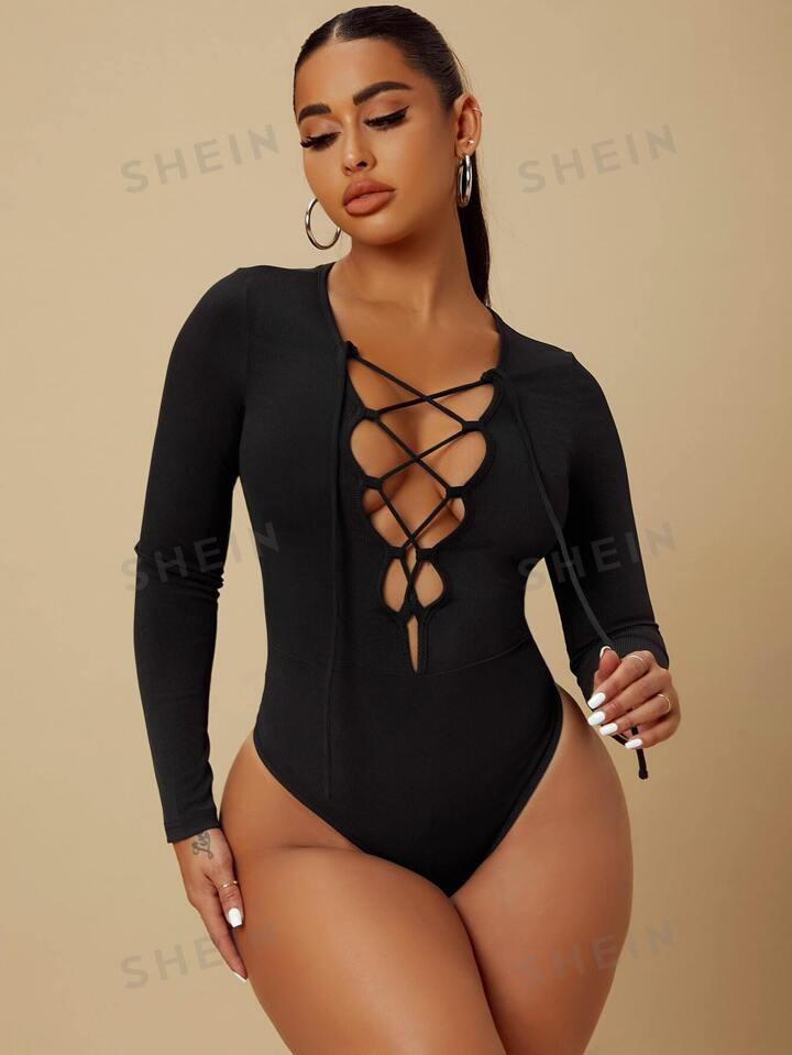 SHEIN SXY Lace Up Front Plunging Neck Bodysuit | SHEIN