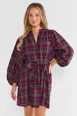 Kelly Maroon Plaid Tie Waist Short Dress | Avara