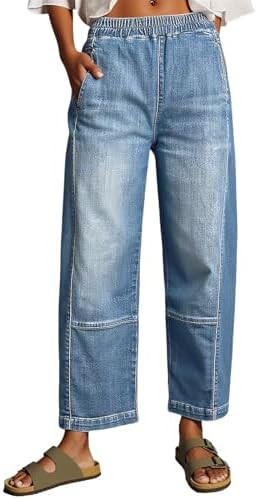 Cicy Bell Womens Baggy Cropped Jeans Elastic High Waisted Wide Leg Trendy Stretchy Seam Barrel Ca... | Amazon (US)
