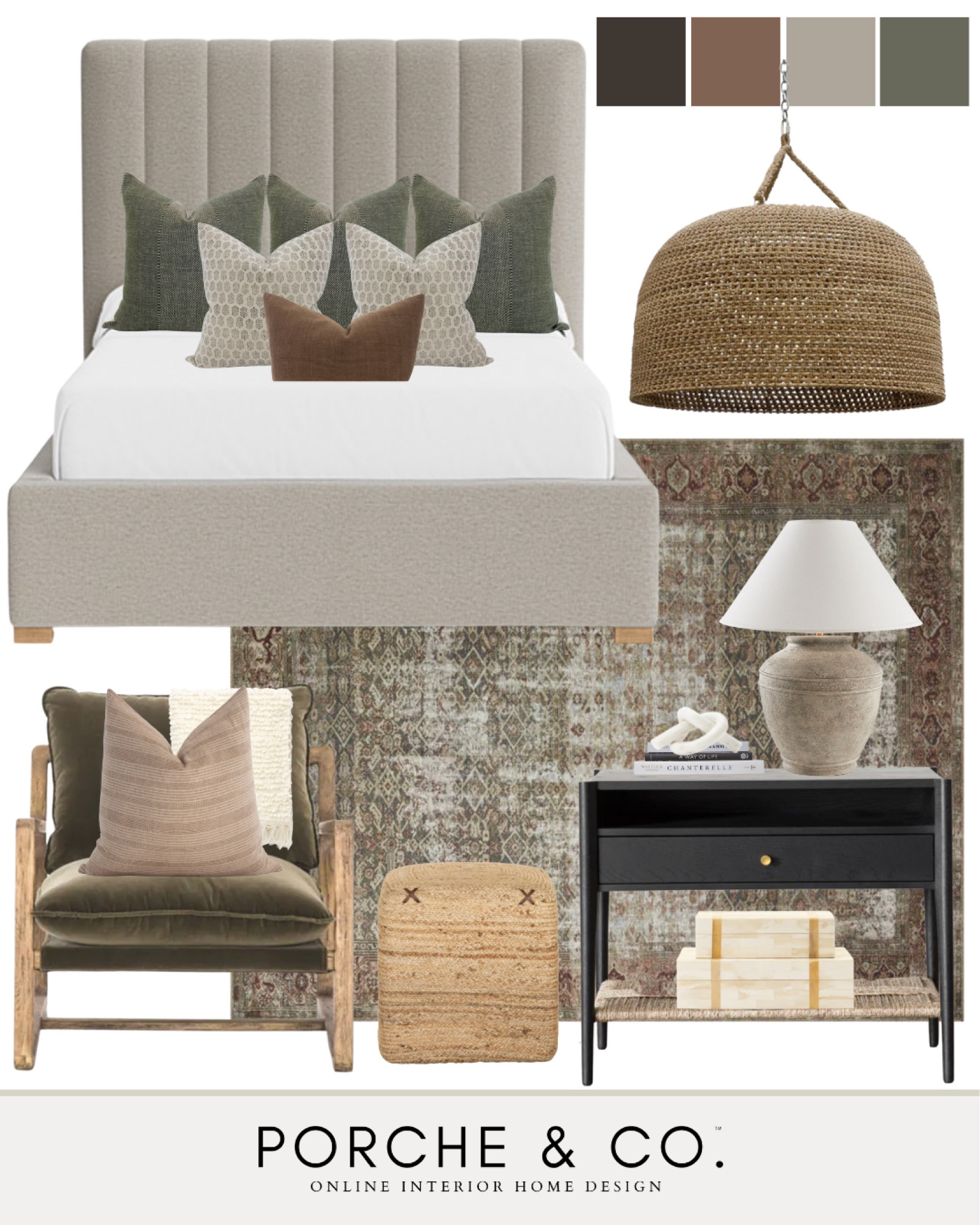 Master bedroom inspo, bedroom decor, bedroom mood board, upholstered bed, woven light fixture, nightstand, moody rug, bedroom design, accent chair #masterbedroom #moodboard

#LTKSeasonal #LTKstyletip #LTKhome