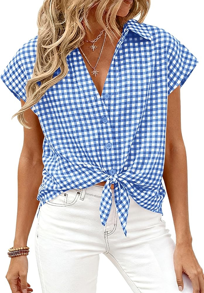 PRETTYGARDEN Womens Short Sleeve Shirts Plaid Button Down Blouse Dressy Casual 2026 Summer Spring... | Amazon (US)