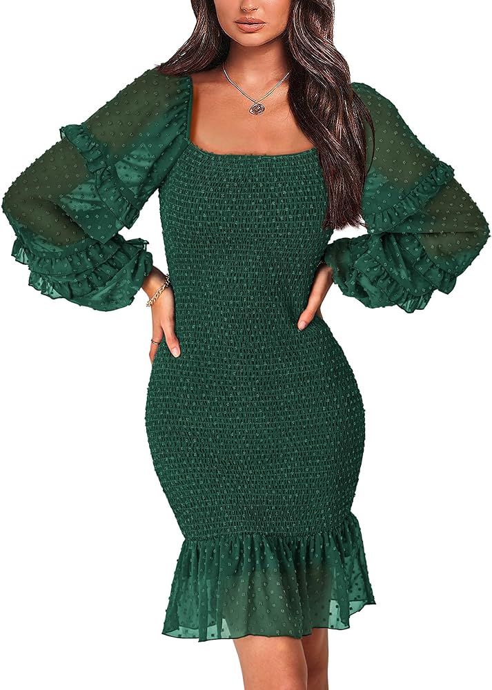 PRETTYGARDEN Womens 2024 Fall Smocked Bodycon Mini Dress Long Sleeve Square Neck Swiss Dot Ruffle... | Amazon (US)