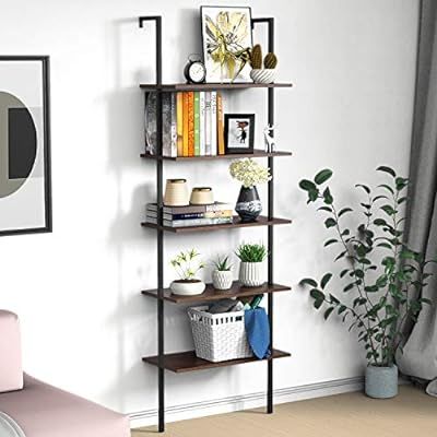 Ladder Shelf Bookshelf, 5 Tier Wall-Mounted Industrial Ladder Bookcase Wood Look Plant Flower Sto... | Amazon (US)