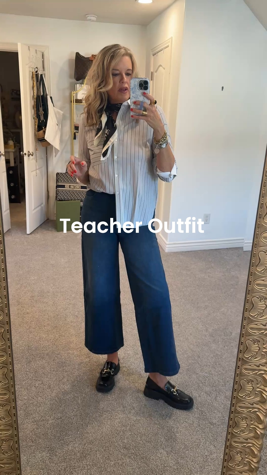 New launch from Lysse’

Perfect Teacher outfit, casual Friday work wear, or great wardrobe builders these piece are comfortable and so chic✔️

Pinstripe button up , with chic white cuffs & collar. Tts 

These amazing figure flattering, tummy support pull on , wide leg jeans, with pockets.
With a Flat front which  is great for form fitting tops and sweaters to not ad bulk.  Tts 

Make this look chic with platform loafers (mine are Steve Madden) look just like the Gucci

Hermes neck scarf (linked similar to get the look) 

Chic Caroline Hill  patent leather quilted tote with Gold chain perfect for work or travel 

Amazon find Gold Earrings

Abbot Lyon Gold necklace and bracelets 

Black Julie Vos ring 


#LTKOver40 #LTKStyleTip