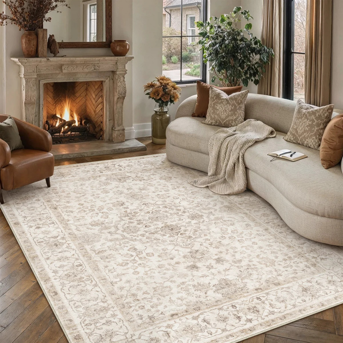 Elora Machine Washable Floral Area Rug With Non-Slip Backing in Beige | Wayfair North America
