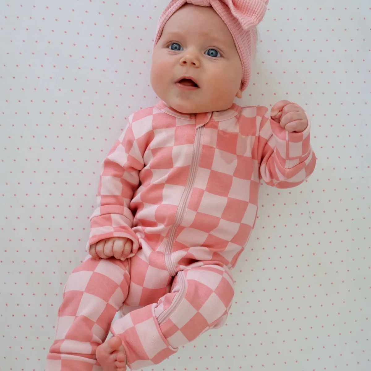 Strawberry/Rosy Checkerboard / Organic 2-Way Zip Romper | SpearmintLOVE