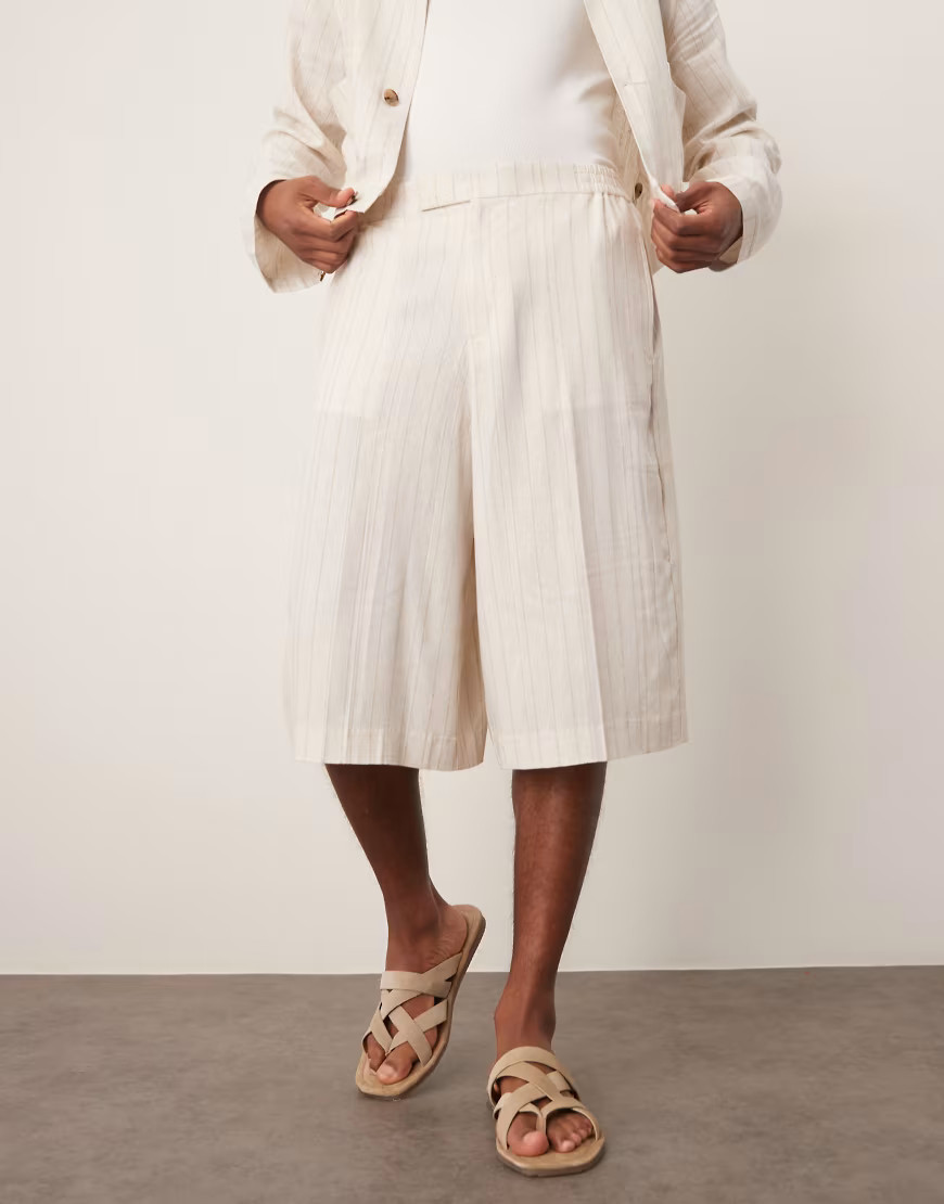 ASOS DESIGN linen mix oversized bermuda shorts in stone pinstripes-Neutral | ASOS (Global)