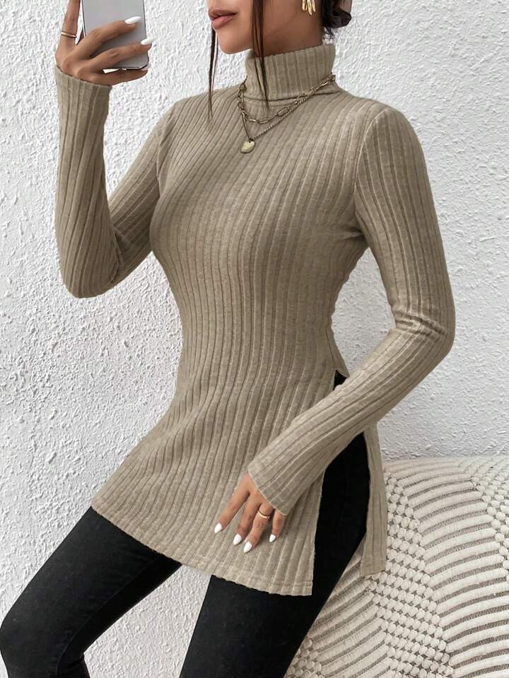 SHEIN Privé Turtleneck Split Hem Tee | SHEIN