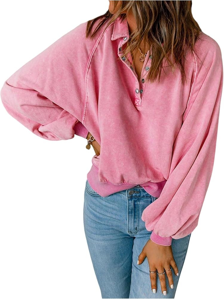 WDIRARA Women's Half Button Raglan Sleeve Sweatshirts Baggy Pullovers Collared Tops | Amazon (US)