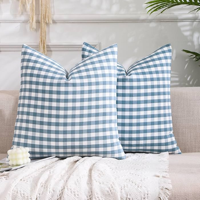 CARRIE HOME Light Blue Farmhouse Buffalo Plaid Pillow Covers 18x18 Set of 2 Patio Outdoor Decor N... | Amazon (US)