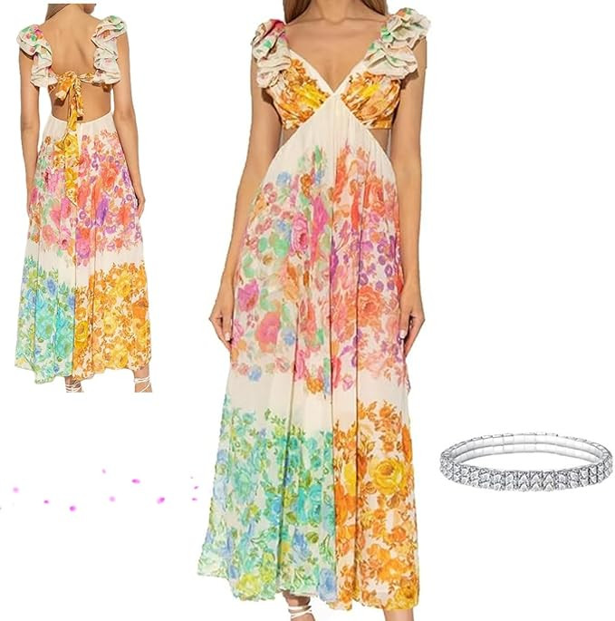 Aurelio Floral Summer Dress,Women's Boho Flowy V-Neck Floral Midi Dress,Smocked Spring Fall Weddi... | Amazon (US)