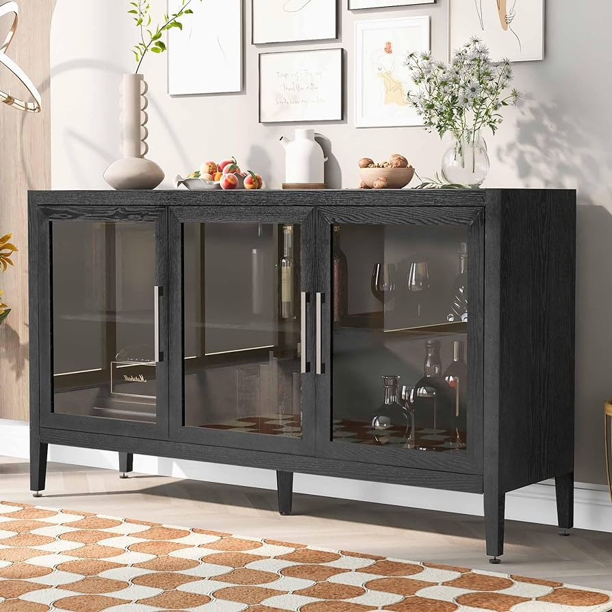 Amazon.com - Amposei Modern Sideboard Buffet Glass Door Credenza Cabinet, Kitchen Storage Cabinet... | Amazon (US)