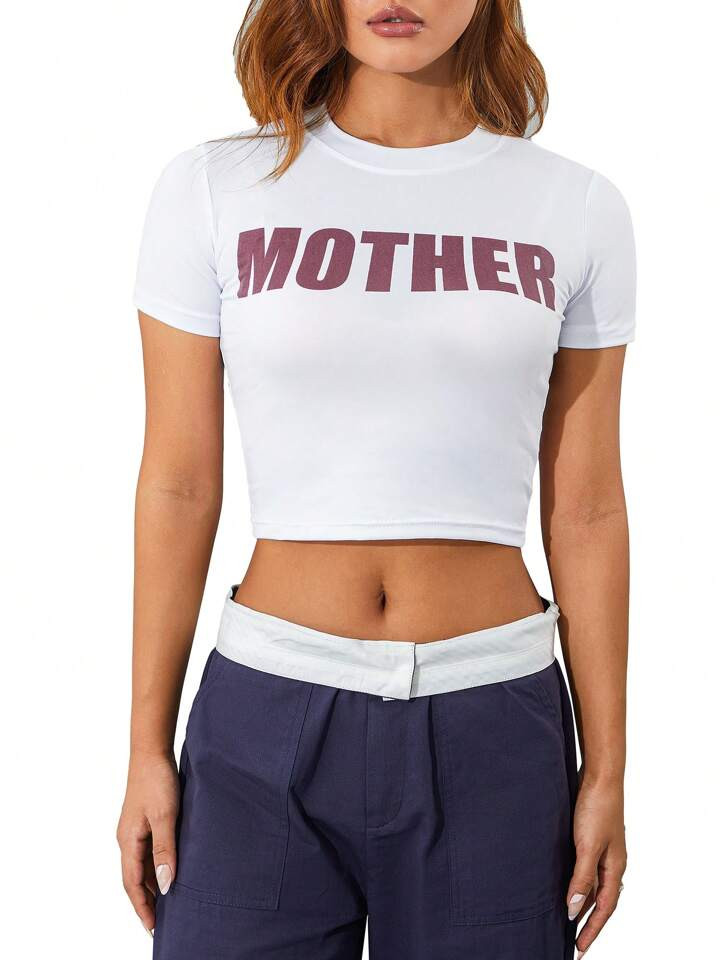 Women Short Sleeve Crop Tops Summer Casual Letter Print Round Neck T-Shirts For Party Streetwear | SHEIN