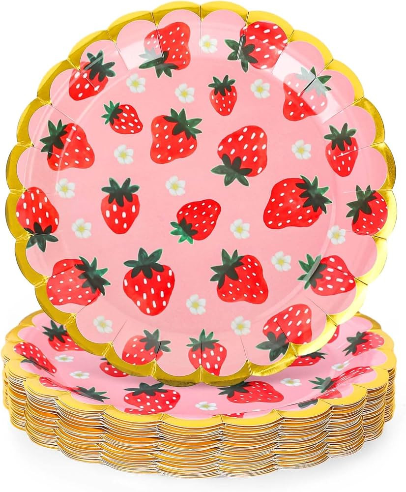 AnyDesign 40Pcs Strawberry Pink Paper Plates Gold Foil Scalloped Border Disposable Plates Cute Ca... | Amazon (US)