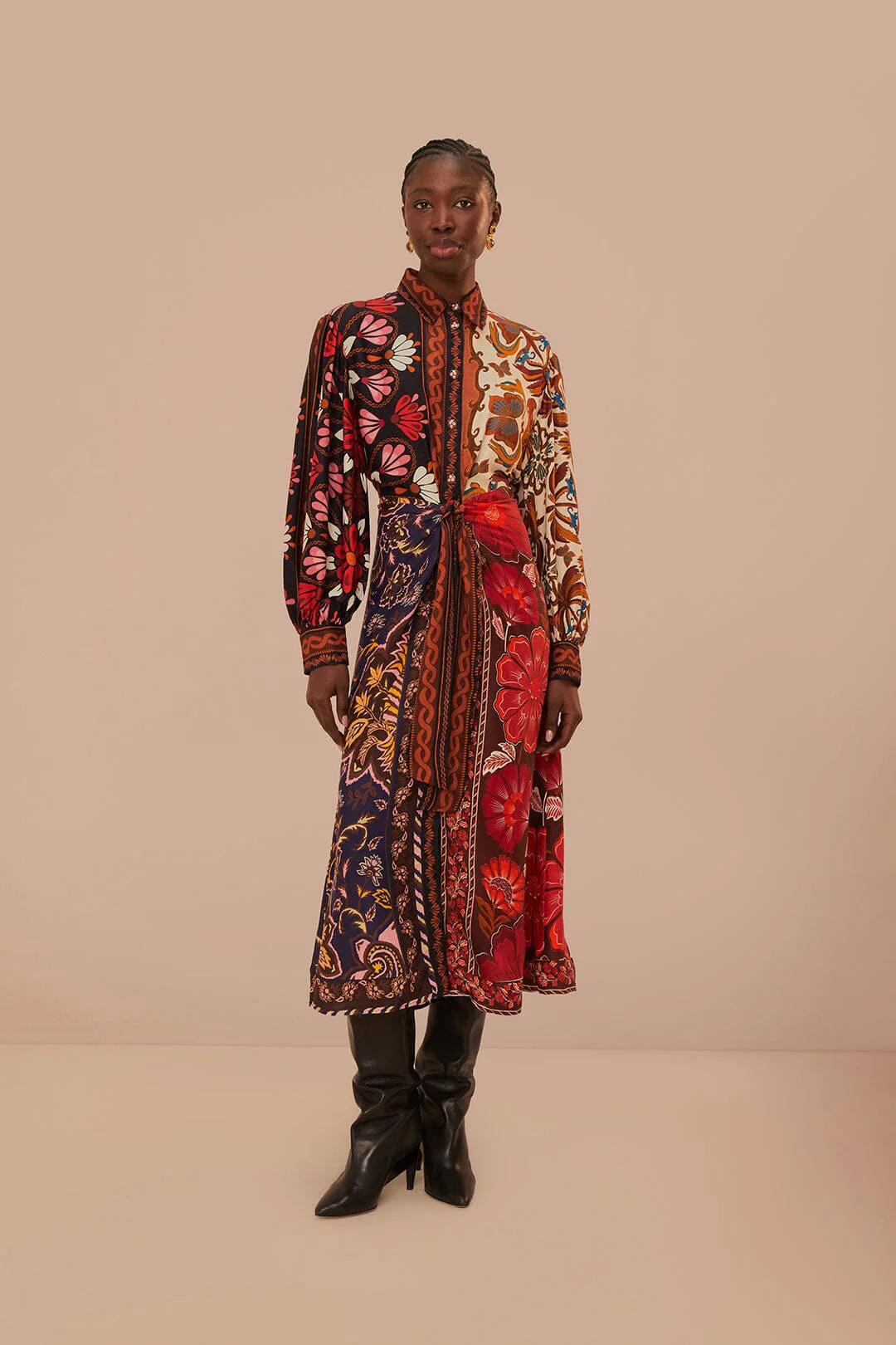 Multicolor Miranda Mix LENZING™ ECOVERO™ Viscose Chemise Midi Dress | FarmRio (US)