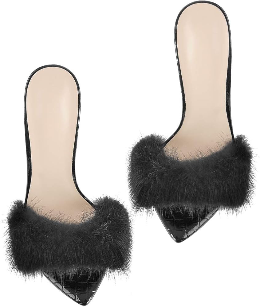 Richealnana Women's Fur Fluffy Mules High Heels | Amazon (US)