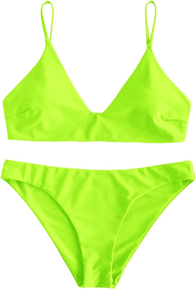 ZAFUL Women's Solid Spaghetti Strap Bralette Bikini Set Two Piece Swimsuit | Amazon (US)