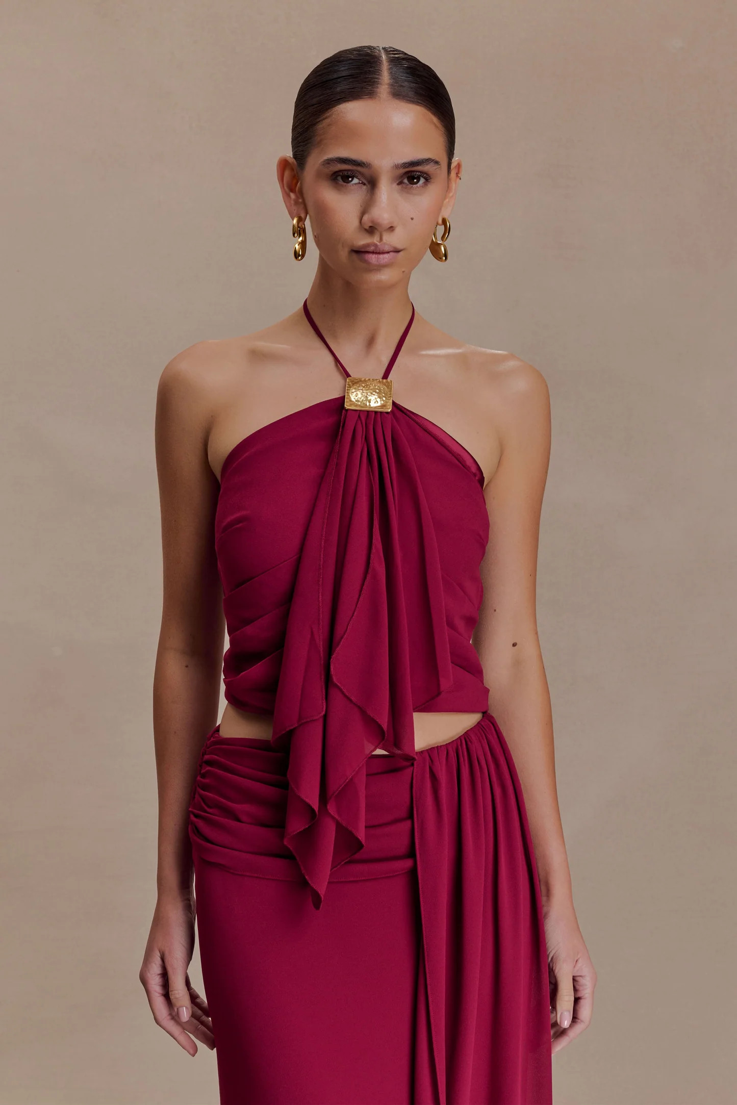 Celina Chiffon Halter Top With Hardware - Cherry Red | Meshki UK