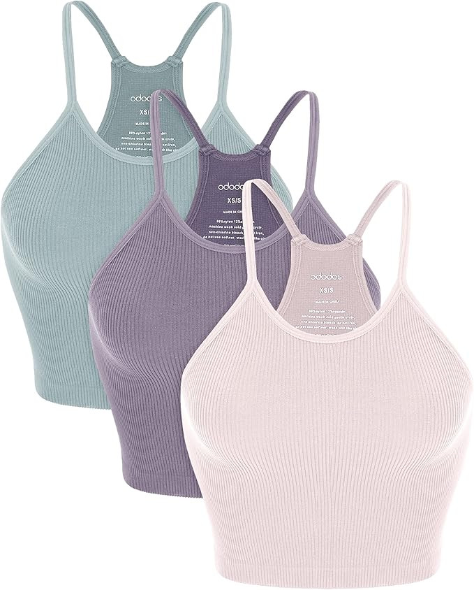 ODODOS Women's Crop 3-Pack Washed Seamless Rib-Knit Camisole Crop Tank Tops | Amazon (US)