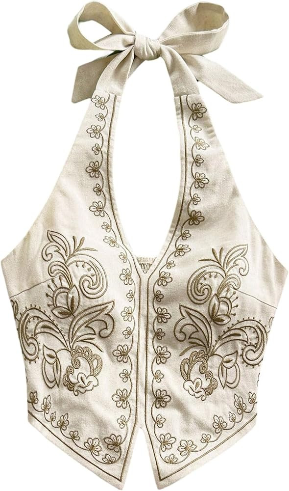OYOANGLE Women's Floral Boho Summer Halter Crop Tops Embroidery Vacation Tank Top Tie Backless Vi... | Amazon (US)