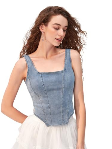 SOLY HUX Women's Square Neck Sleeveless Denim Top Zip Up Back Asymmetrical Hem Crop Tank Top Solid Light Blue M | Amazon (US)