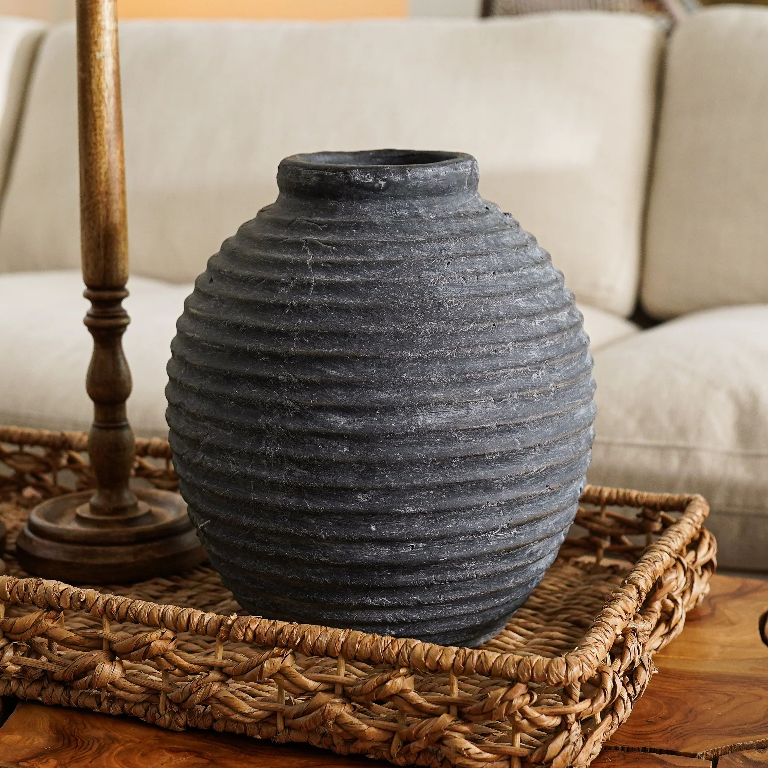 Charcoal Ribbed Terracotta Vase | MJHome