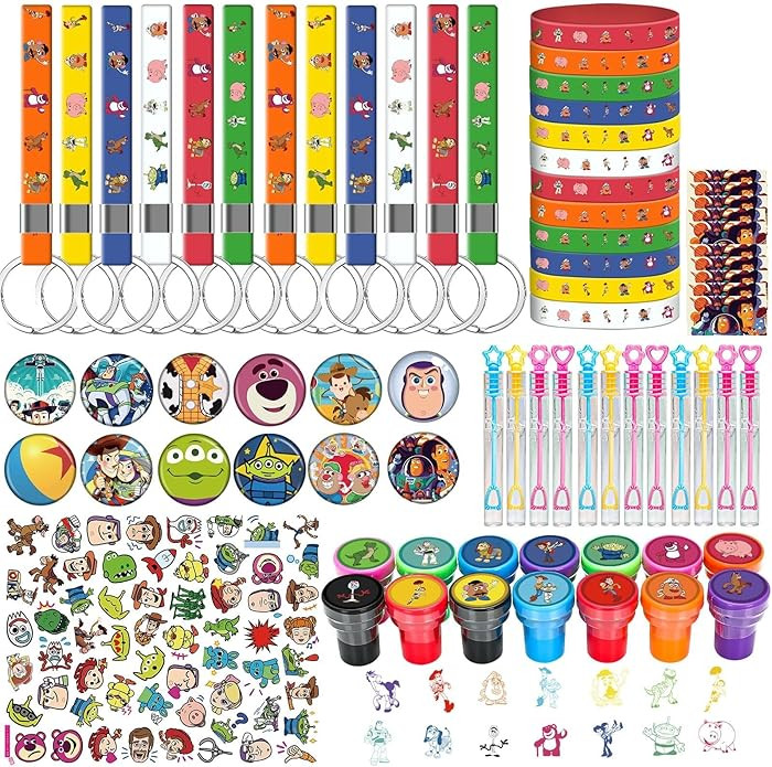 124pcs Cartoon Toys Birthday Party Supplies, Party Favors Set for Kids with Badges, Key Chains, B... | Amazon (US)