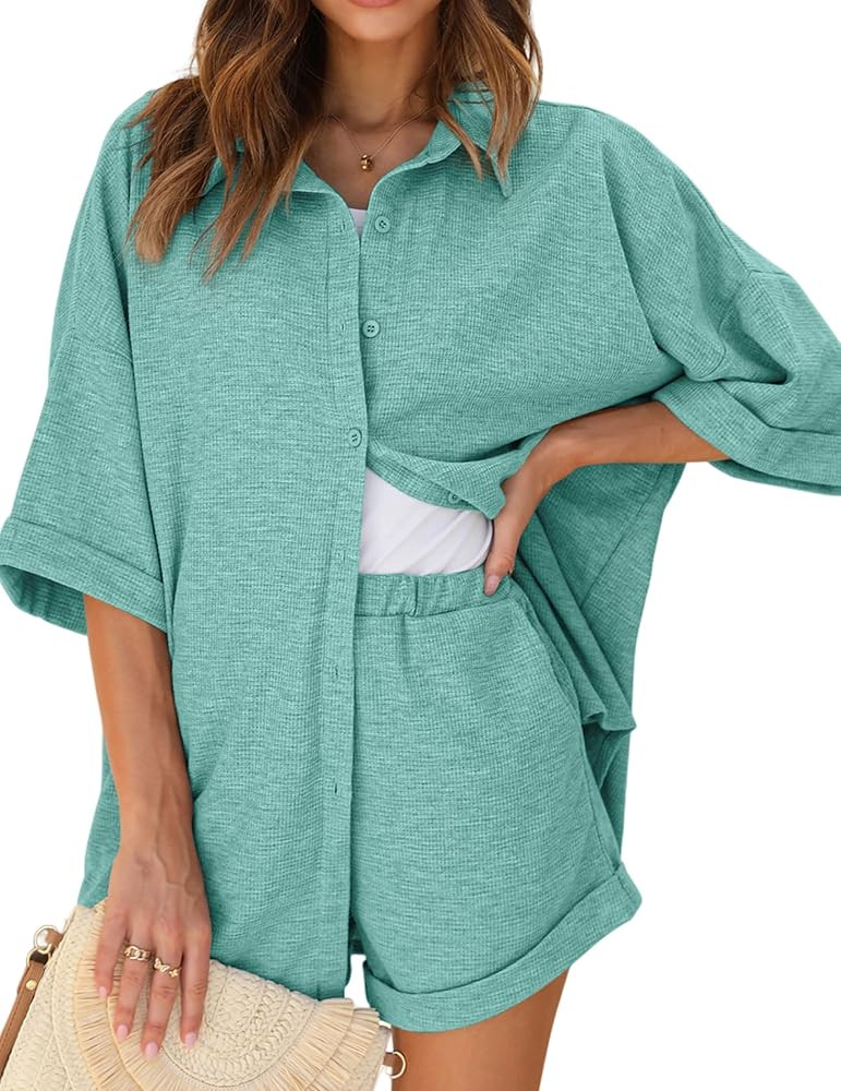 Ekouaer Waffle Knit Lounge Sets for Women Short Sleeve Pajamas Button Down Pjs Oversized Loungewe... | Amazon (US)