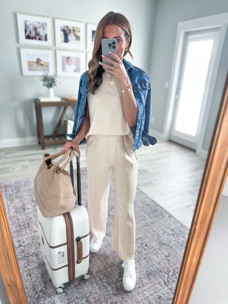 Amazon matching wide leg pant set in XS. Travel outfit. Airport outfit. Wide leg pant set that’s petite-friendly (I’m 5’3). Elastic waist and perfect length on me! XS in denim jacket. Delsey luggage. Casual outfit. Matching lounge set. Business casual. Amazon white sneakers - whole sizes only and I sized down (am usually a 6.5).

#LTKWorkwear #LTKShoeCrush #LTKTravel