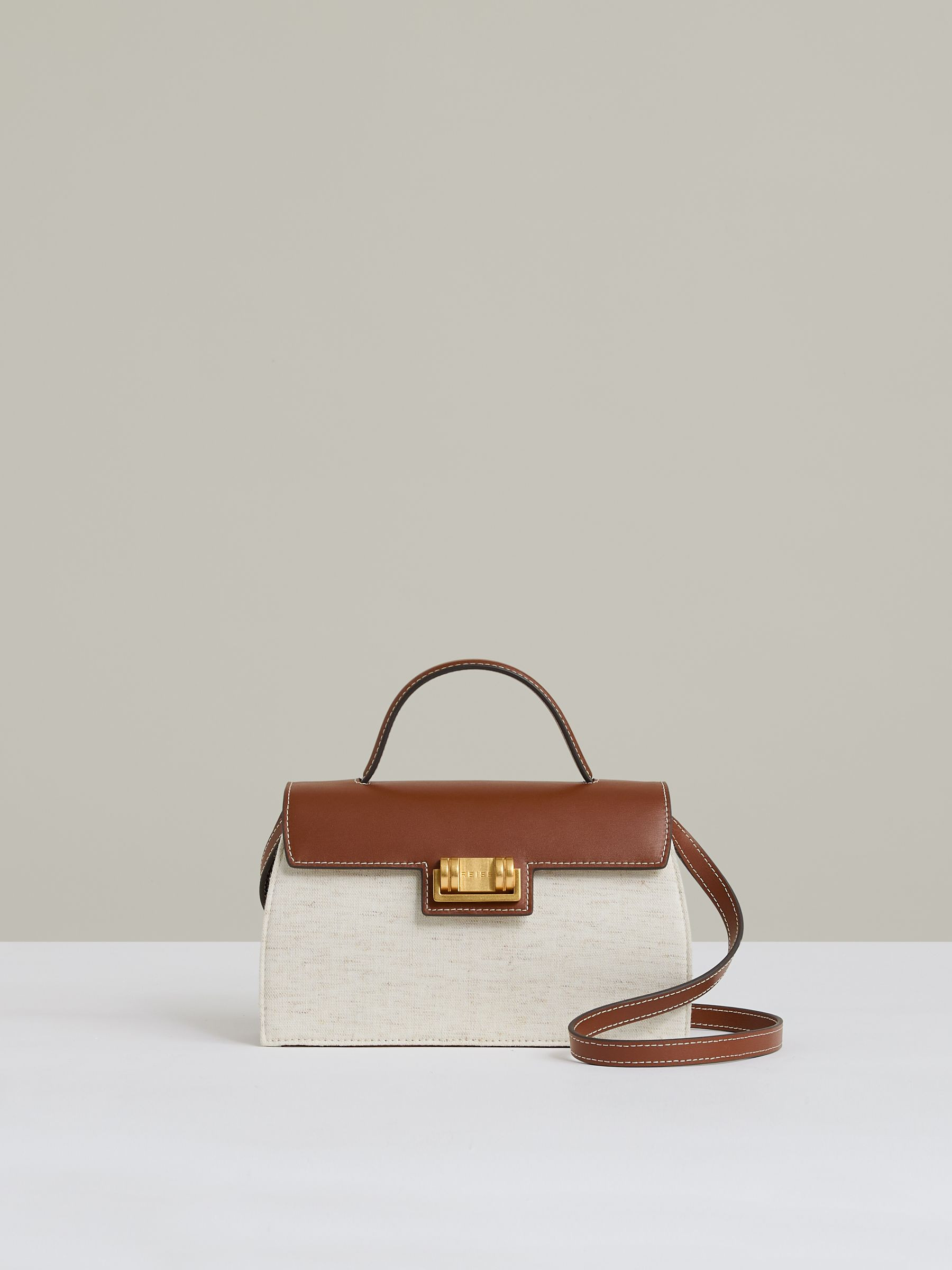 Leather And Cotton Top Handle Bag in Natural | Reiss UK