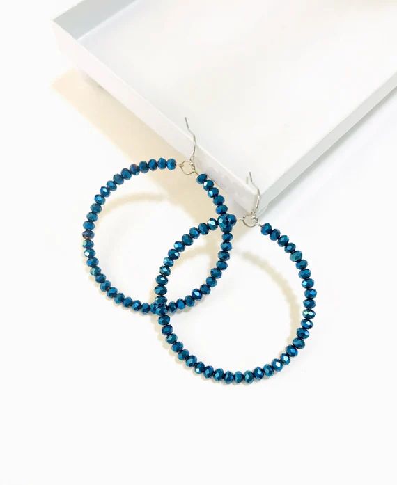 Midnight blue hoop earrings, mini crystal hoops, blue rhinestone hoops, navy blue statement earri... | Etsy (US)