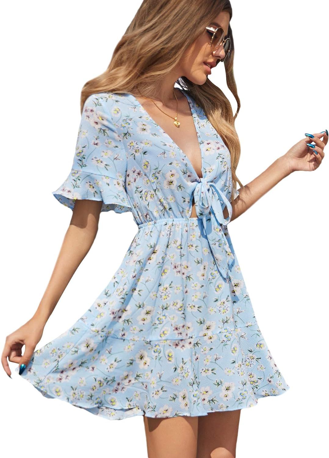 SheIn Women's Floral Tie Front Ruffle Mini Dress V Neck Short Sleeve A Line Flare Dresses | Amazon (US)