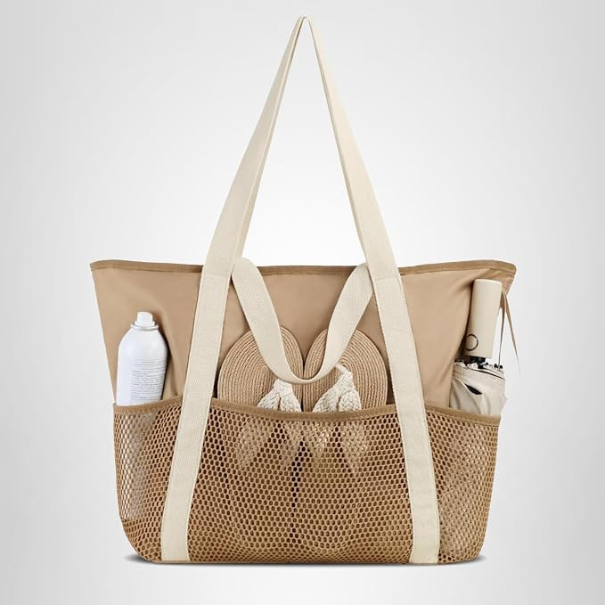 HOMESPON Beach Bag Large Waterproof Sandproof Tote for Women with Zipper and Mesh Pockets | Amazon (US)