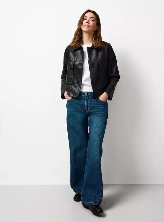 Black PU Leather Bomber Style Collared Jacket M | Tu Clothing