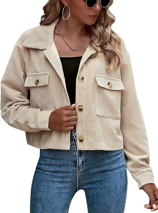 Arssm Women's Casual Fashion Button Down Corduroy Shacket Cropped Jacket with pockets | Amazon (US)